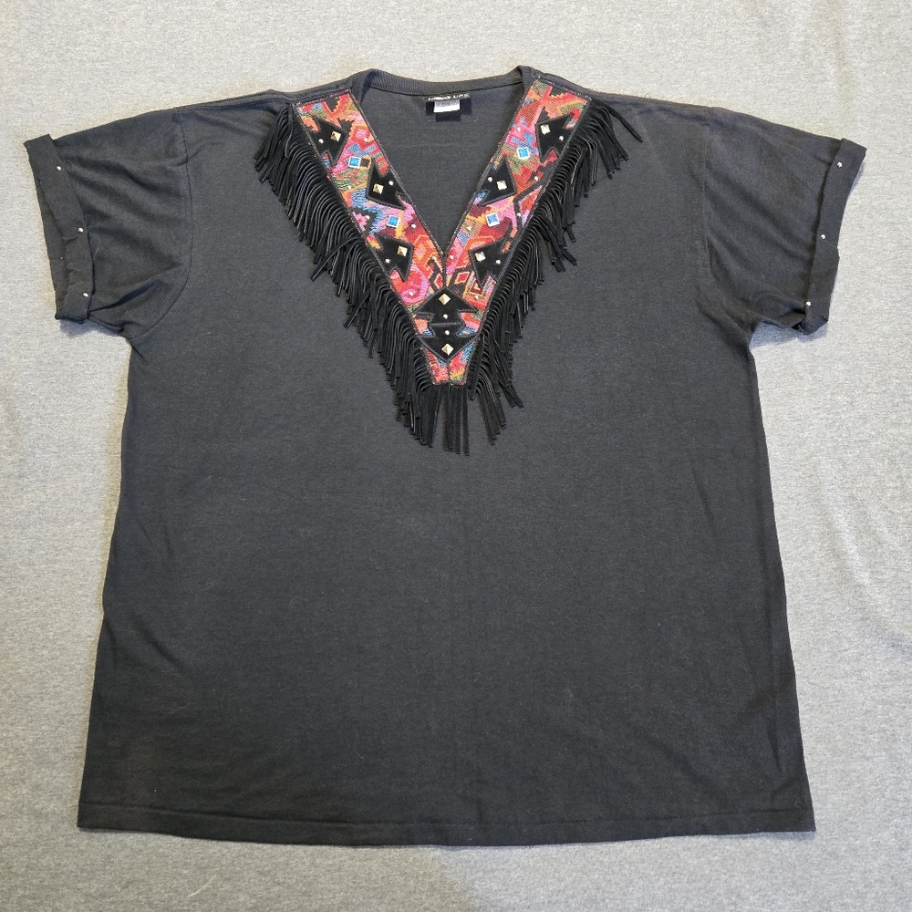 Vintage Western T Shirt Womens L/XL Black V-Neck Aztec Leather Fringe Cowgirl